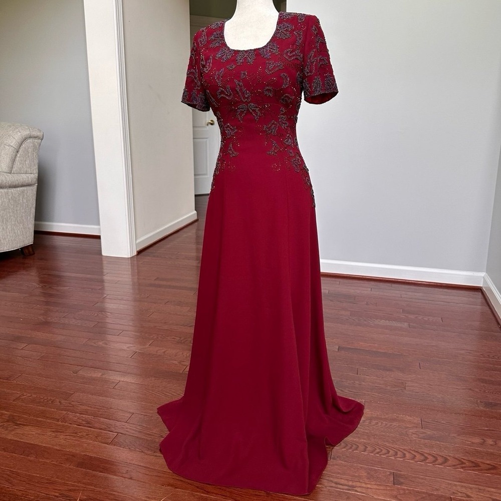 Vintage Y2K Sherry USA Formal Beaded Embellished Maroon Gown Dress Ethereal Fem